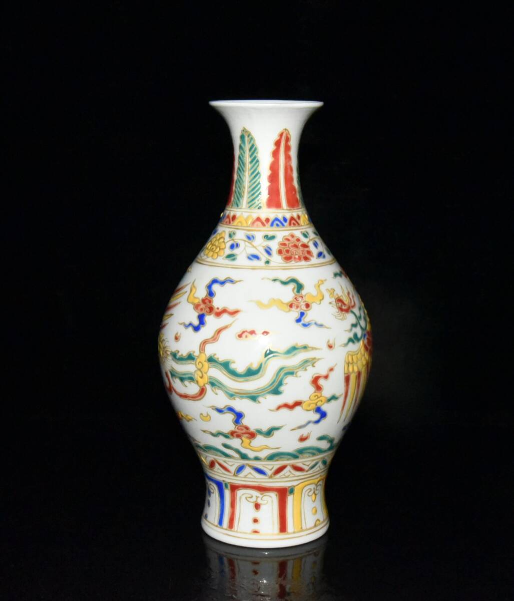 明・成化年製款・古陶瓷品・五彩・描金・鳳紋・花瓶』極細工