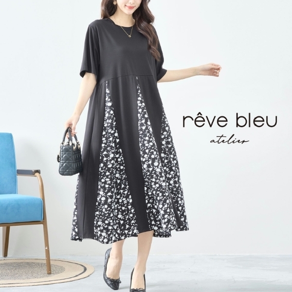 ワンピース ハギ花柄 切り替え C38-628B フリー ブラック reve bleu M L 大人可愛い ミセス fmsd キレイメ 普段着 デイリーファッション