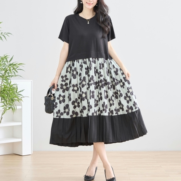 ワンピース 花柄プリーツ 切替 reve bleu C38-759 M~L グリーン 大人可愛い ミセス fmsd キレイメ 普段着 デイリーファッション