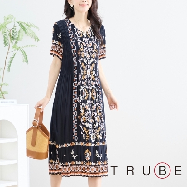 ワンピース プリーツ エスニック オリエンタル柄 N82-284 フリー TRUBE M L 大人可愛い ミセス fmsd キレイメ 普段着 デイリーファッション