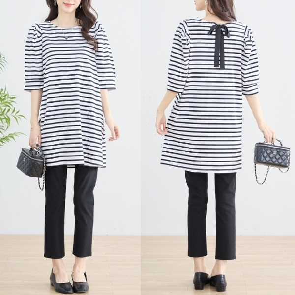 チュニック バックリボン付き ボーダー カットソー ロングTシャツ N83-073 ホワイト TRUBE M~L大人可愛い ミセス fmsd キレイメ 普段着