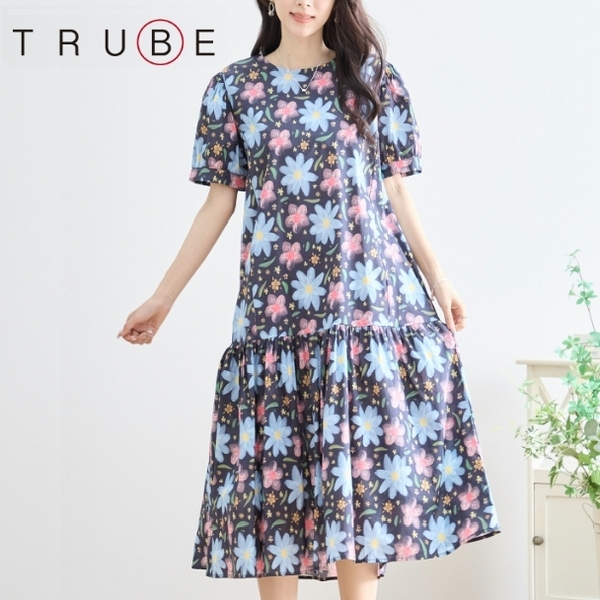 ティアードワンピース フラワーコットン N82-256 フリー TRUBE M L 大人可愛い ミセス fmsd キレイメ デイリーファッション おしゃれ着