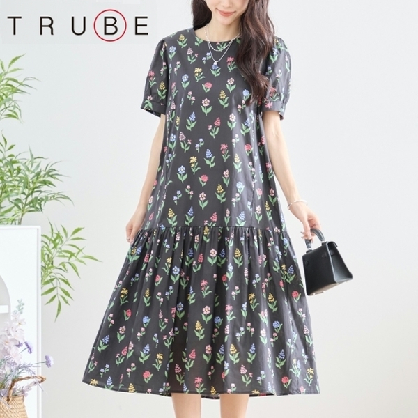 ティアードワンピース フラワーコットン N82-257 フリー TRUBE M L 大人可愛い ミセス fmsd キレイメ デイリーファッション おしゃれ着