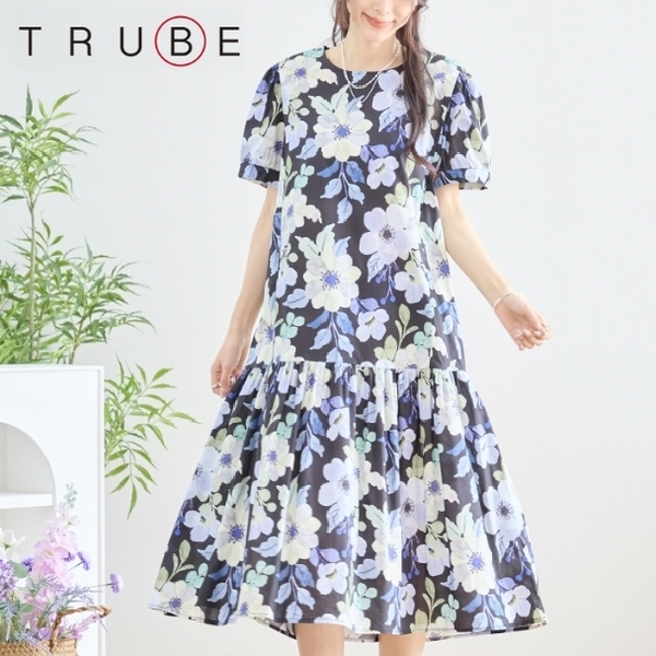 ティアードワンピース大花プリント フレア N82-258 フリー TRUBE M L 大人可愛い ミセス fmsd キレイメ デイリーファッション おしゃれ着