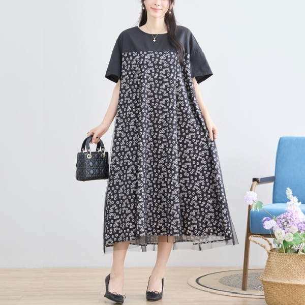 ロングワンピース 小花柄 チュール レイヤードフレア N83-114 フリー TRUBE M L 大人可愛い ミセス fmsd デイリーファッション おしゃれ着