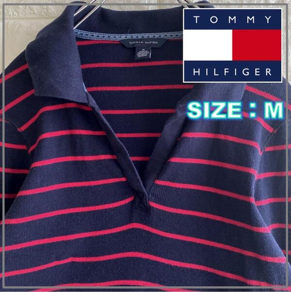 TOMMY HILFIGER ネイビー/レッド 刺繍ロゴ ポロシャツ 4049