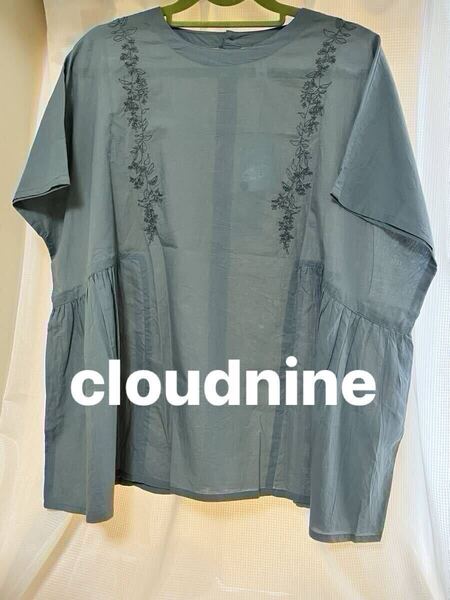 cloudnine 刺繍 ブラウス M~L 半袖 くすみ ブルーグレー ナチュラル ゆったりめ レディース Tシャツ クラウドナイン