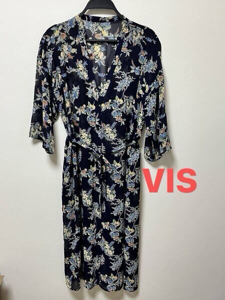 VIS サンプル品 大きめ 七分袖 シフォン ロングワンピース 花柄 マキシ丈 ガウン 羽織 レディース ビス