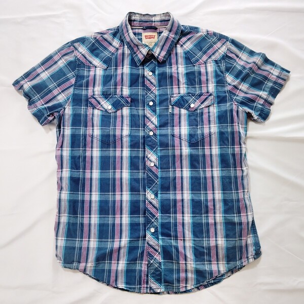 028【即決・送料無料】Levi's リーバイス 半袖ウエスタンシャツ メンズL ブルー/レッド/チェック柄