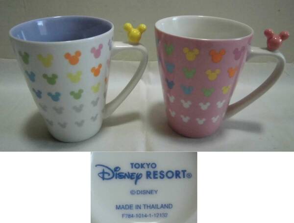 マグカップ ペア 東京ディズニーリゾート ミッキーマウス 2客 白とピンク色 色絵 フリーカップ 茶器 陶器 工芸品 レトロ