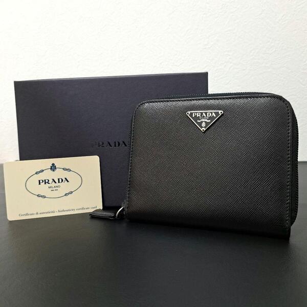 未使用品 正規品 ギャランティカード付 PRADA プラダ 2つ折り 財布 黒 ブラック サフィアーノ レザー 本革 三角プレート ウォレット