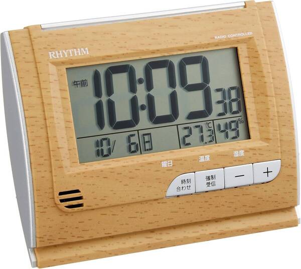 新品 送料無料 保証有 リズム RHYTHM 目覚まし時計 電波時計 デジタル 温度 湿度 カレンダー 茶 木目 フィットウェーブD165 8RZ165SR07