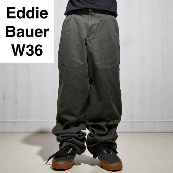 Eddie Bauer エディーバウアー ツータックチノパン w36 緑 グリーン オリーブ カーキ 古着 2タック 極太パンツ メンズ オーバーサイズ