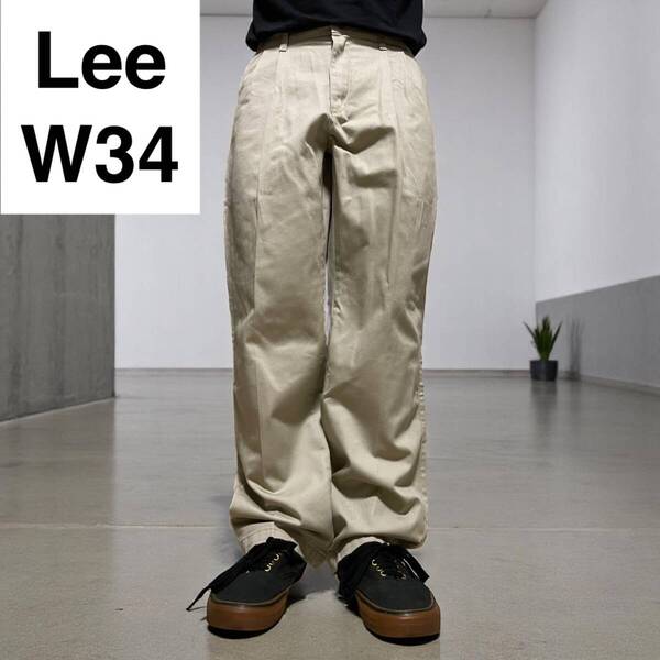 Lee リー メキシコ製 ツータック チノパン スラックス w34 l30 ベージュ カーキ 古着 2タック ボトムス メンズ 中古品 パンツ