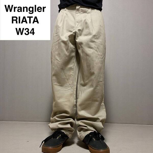 メキシコ製 Wrangler RIATA ツータックチノパンツ w34 l34 ベージュ カーキ 古着 2タック メンズ ラングラーリアタ ボトムス 中古品