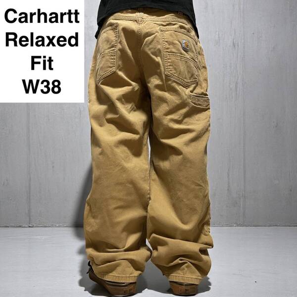Carhartt カーハート リラックスフィット ワークパンツ w38 l30 古着 極太 カーキ キャメル ヒッコリー メンズ ライトブラウン ボトムス