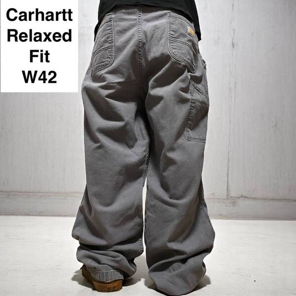 Carhartt カーハート リラックスフィット ダック地 ワークパンツ w42 l32 古着 極太パンツ グレー 灰色 ねずみ色 ダック生地 メンズ 中古品