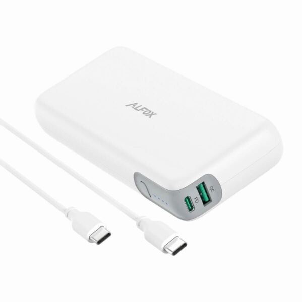 PSE認証バッテリー 20000mAh PD対応 60W急速充電USB-A&USB-C モバイルバッテリー Alfox 超高速充電 ホワイト