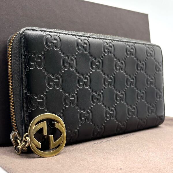 k47 グッチ Gucci 長財布 シマレザー ブラック ラウンドファスナージップ