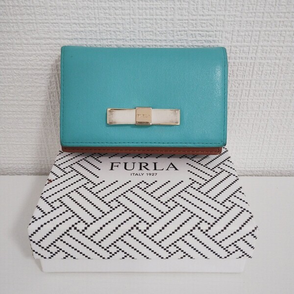 FURLA フルラ 名刺入れ カードケース レザー 水色×茶 リボン レディース 箱付き 送料無料
