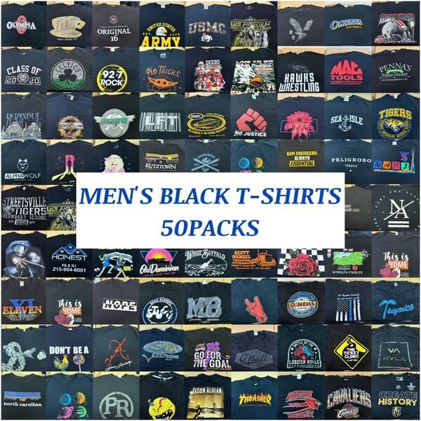 USA古着卸 まとめ売り #2 メンズブラックプリントTシャツ 50枚 ベール アソートS M L XL XXL 文字 ロゴ スポーツ カレッジ イベント 企業