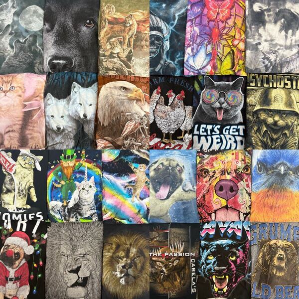 USA古着卸 まとめ売り ⑨アニマルTシャツ 24枚 ベール アソート マウンテン 3D TEE 犬 猫 狼 タイダイ 鹿 鳥 S M L XL 2XL 3XL