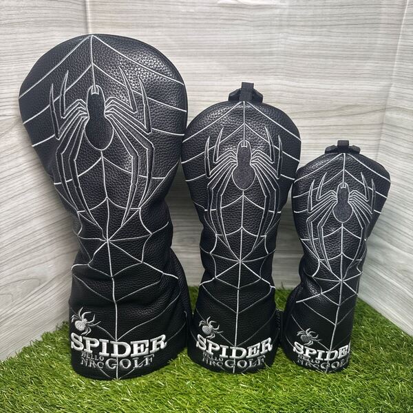 ゴルフクラブヘッドカバー3点セット ドライバー用 フェアウェイウッド用 ユーティリティ用 黒 スパイダー