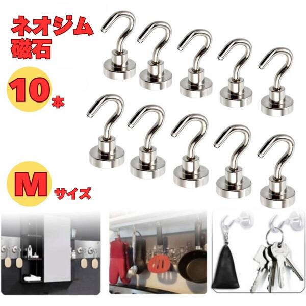 マグネットフック フック レンジフード 銀 キッチン フライパン 10個セット Mサイズ 収納
