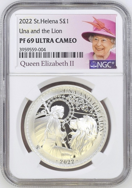 2022年 セントヘレナ ウナとライオン 1ポンド 1オンス 1oz プルーフ 銀貨 PF69 ULTRA CAMEO 女王ラベル