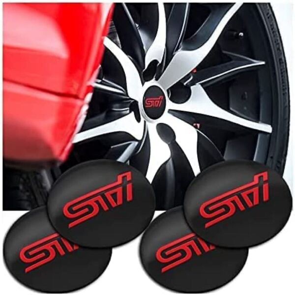m)STI ホイールセンターキャップ エンブレム 56MM 貼り付けタイプ 車用ハブキャップ ホイールカバーステッカー 4枚セット