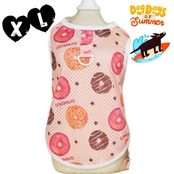 XL メッシュ ドーナツ柄 ベスト (ピンク) 犬服 犬の服 タンクトップ 猫服 小型犬 リードフック付き ペット服 ペット用品 ドッグウェア 夏