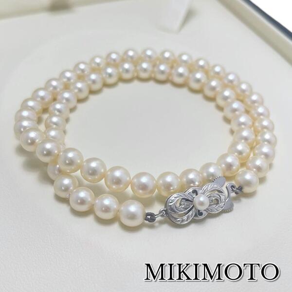 【現行スクラプ/美品】MIKIMOTO ミキモト パール ネックレス アコヤ真珠 本真珠 直径5.9~6.4㎜ 全長39.5 シルバー ピンク系 ケース箱付き