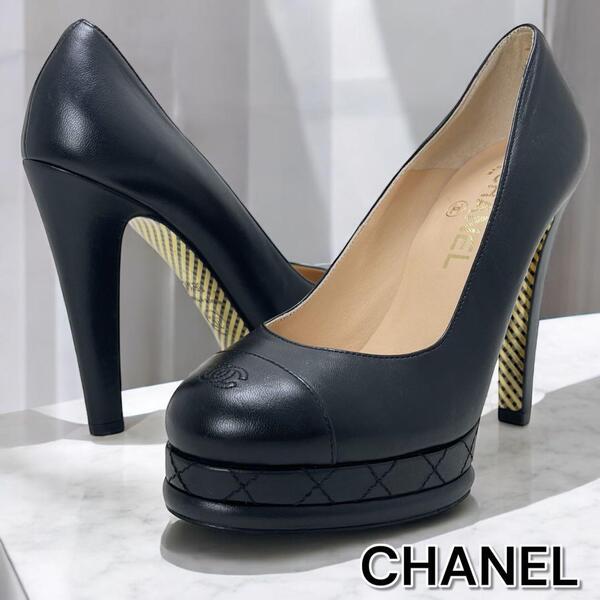 【レア品/美品】CHANEL シャネル パンプス ハイヒール サイズ36 1/2 23.5㎝相当 G28461 ココマーク マトラッセ カーフスキン 黒 フランス製