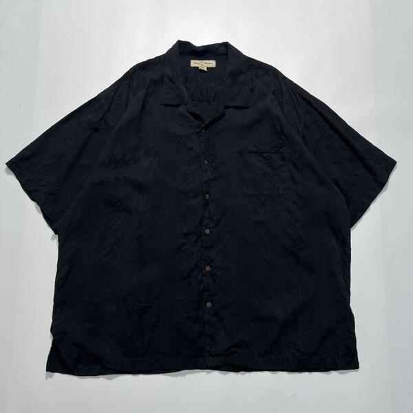 Tommy Bahama トミーバハマ 半袖シルクシャツ 2XL 黒 ブラック 開襟 オープンカラー ジャガード HTK6490