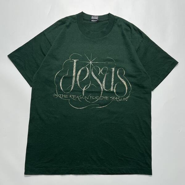 90's フルーツオブザルーム USA製 アメリカ製 ジーザス系 ビンテージメッセージTシャツ L 緑 シングルステッチ HTK6561