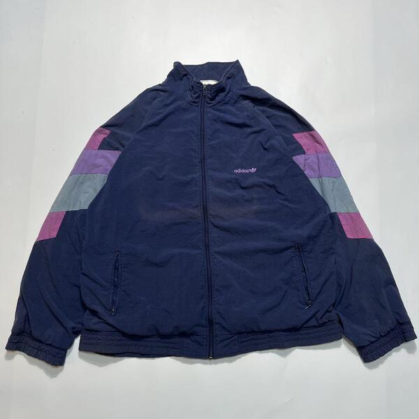 80's adidas アディダス ナイロンジャケット XL 紺 ネイビー ワンポイント 刺トレフォイルロゴ 80年代ヴィンテージ HTK6576