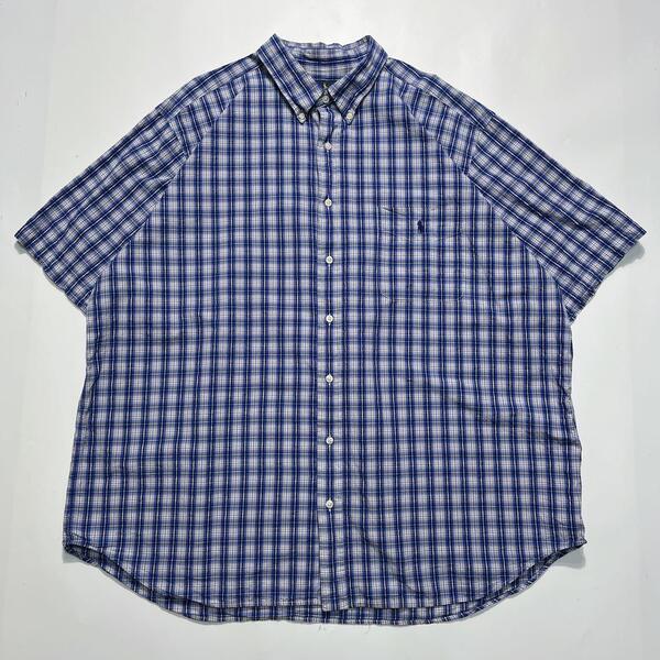 Ralph Lauren ラルフローレン 半袖BDシャツ シアサッカー 2XL 青チェック ワンポイント刺繍 ボタンダウン ビッグサイズ HTK6596
