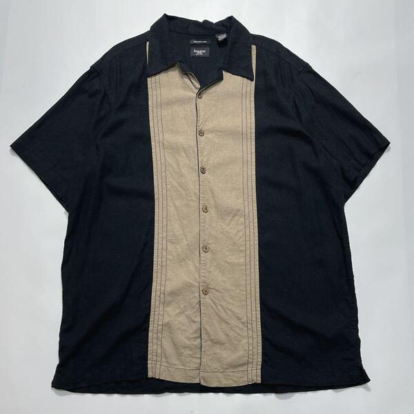haggar ハガー 開襟 半袖リネンシャツ XL 黒 ブラック ボックスシルエット オープンカラー ラインシャツ HTK6628