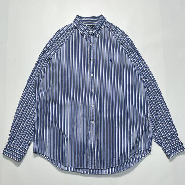 90's Ralph Lauren ラルフローレン 青白ストライプ ボタンダウンシャツ XL ワンポイント 刺ポニー 90年代ヴィンテージ HTK6648