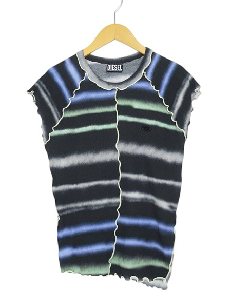 ディーゼル DIESEL カットソー ニット トップス 半袖 アシンメトリー マルチボーダー ブラック size XL レディース