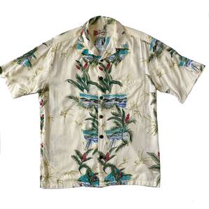 Hilo Hattie Hawaii MADE IN HAWAII USA製 ヒロハッティ ジャガードレーヨンボーダー柄 ハワイアンシャツ S アロハシャツ