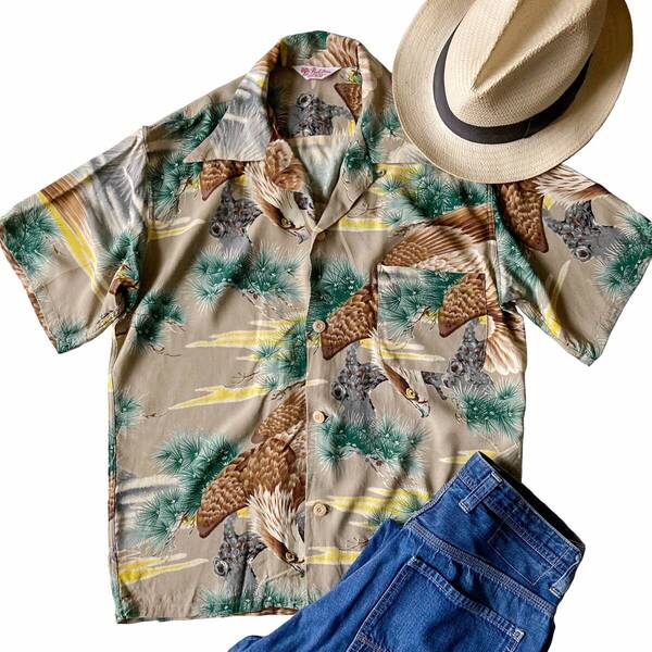 PEARL DIVER パールダイバー ハワイアンシャツ M 和柄 鷹&富士山&松 日本製 レーヨン縮緬 アロハシャツ ヴィンテージ復刻 90年代