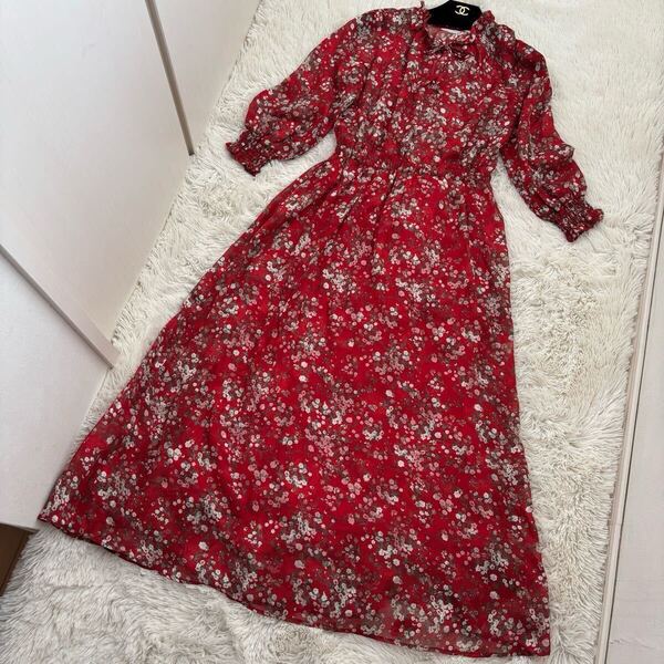 1回着用★着丈124cm★a.v.v★ロングワンピース★赤★花柄★七分袖★長袖半袖シャツブラウススカート