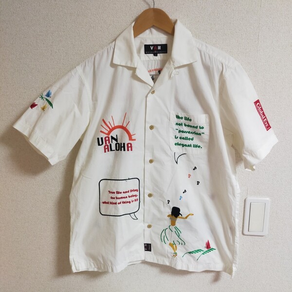 VAN JAC JACKET ヴァン ヂャケット 希少 総柄刺繍 アロハシャツ ハワイアンシャツ オープンカラー 開襟シャツ 半袖 M ホワイト(白)