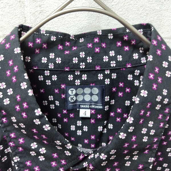 美品 タケオキクチ 長袖シャツ Lサイズ相当 小花柄 黒シャツ 4号 日本製 takeo kikuchi TK