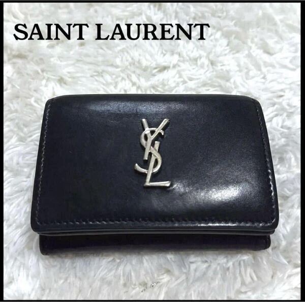 訳あり YSL サンローラン SAINT LAURENT 3つ折り財布 ミニ財布 黒 ブラック レザー ミニウォレット
