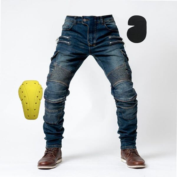 バイクパンツ メンズ ライディングパンツ ライダース デニム ジーンズパンツ ストレッチ素材上質腰プロテクター 新品 送料無料 Lサイズ(EU)