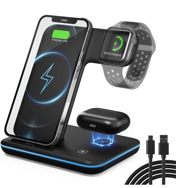 3in1 ワイヤレス充電器 Qi認証 15W出力 急速充電ワイヤレスチャージャー 充電スタンド ワイヤレス充電器