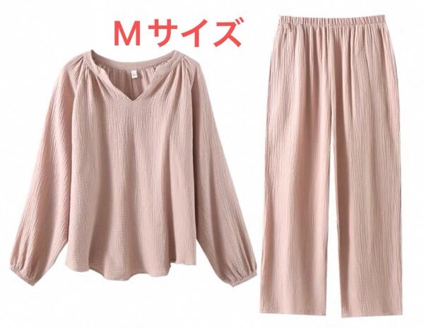 新品パジャマ M長袖レディース上下セット春夏ダブルガーゼ 夏寝巻き柔らかい綿入院入所ピンクvネック