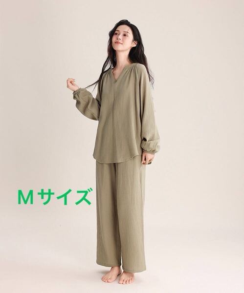 新品パジャマ M長袖レディース上下セット春夏ダブルガーゼ 夏寝巻き柔らかい綿入院入所vネックグリーン